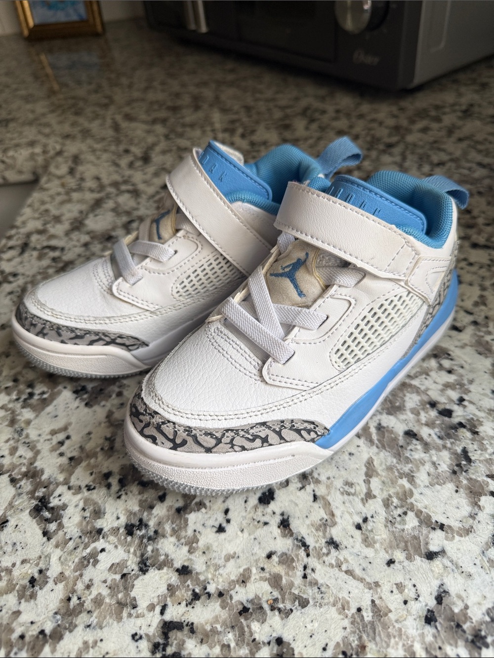 Nike Kids White & Light Blue Basketball Sneakers with Cement Print Accents